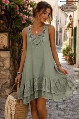 Cristina Vergani Italy Sage Green Linen Blend Lace Boho Tunic Dress Small